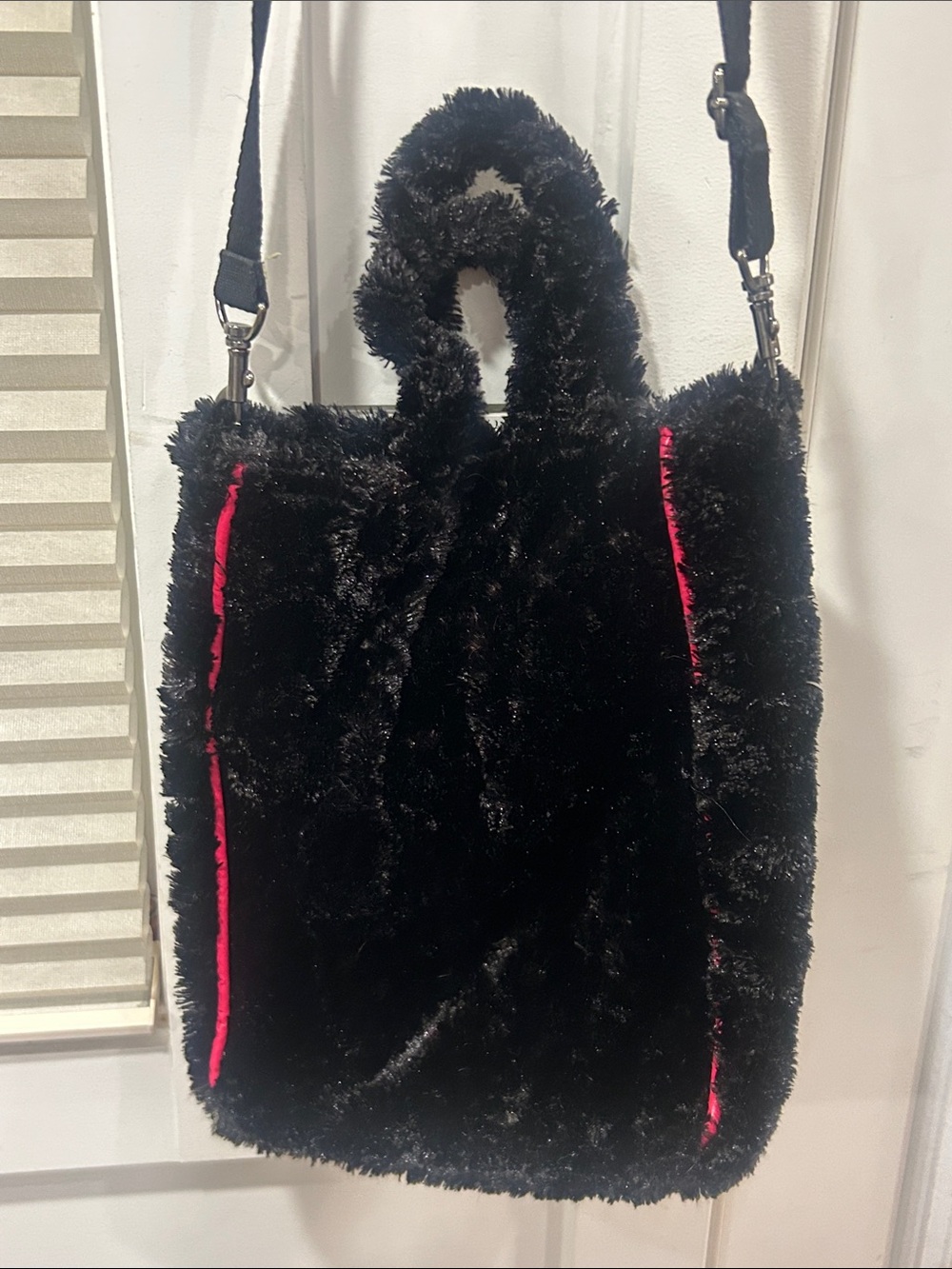 Faux Fur Black Tote Bag with Pink Trim